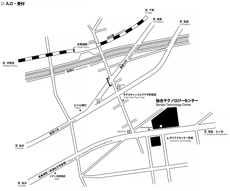 地図：「多賀城駅」南口を出て左方面に向かい1つ目の信号を渡ってから右に曲がると南下します。1つ目の信号から700mで5つ目の信号がありますので渡らずに左折。200m歩くと信号があり、歩道を渡ったすぐ左が仙台テクノロジーセンター入口になります。